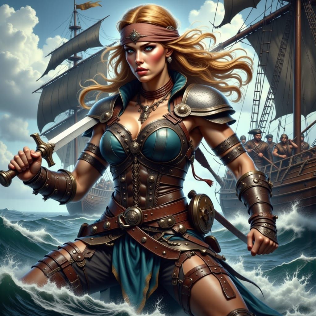 Pirate Woman Battles Rivals in Comic Style