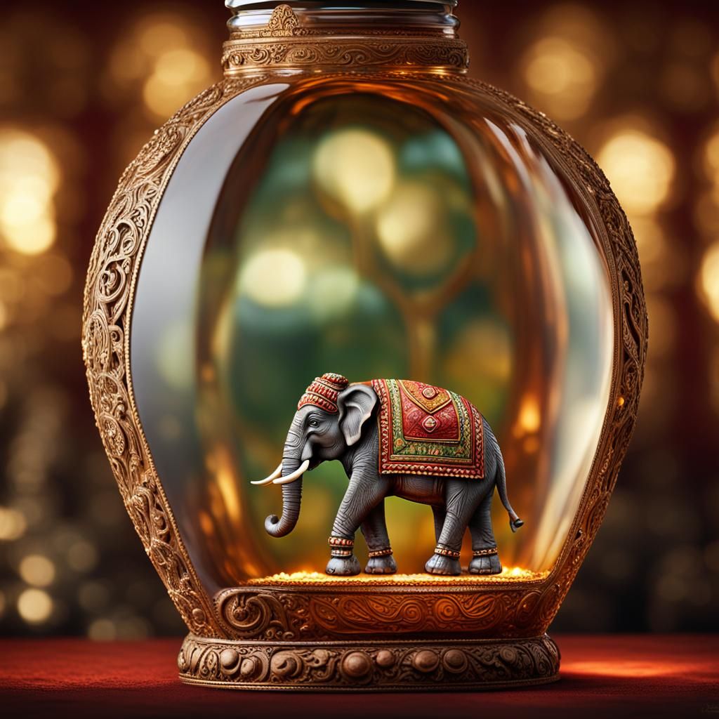 A ceremonial Indian elephant with a howdah in a bottle