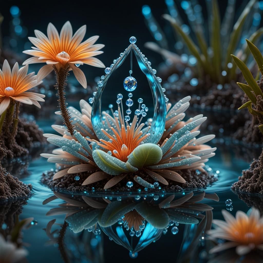Bioluminescent Diamond Water Drop Reflecting Tropical Flower...
