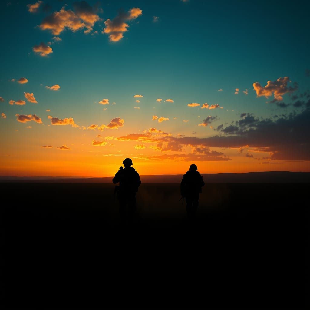 Silhouetted Soldiers at Twilight in Cinematic Style