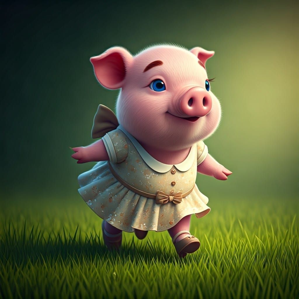 Piglet in Dress Runs Through Green Grass