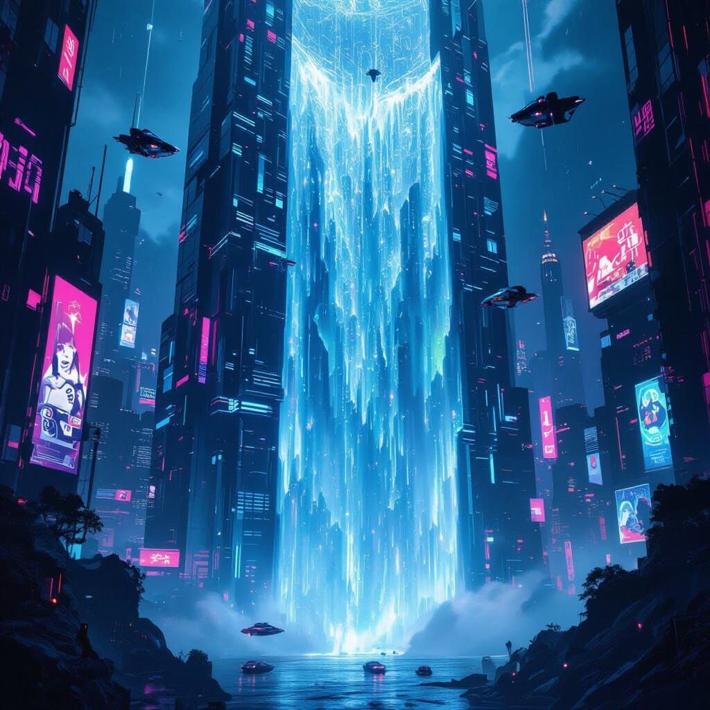 Cyberpunk Crystal Waterfall in Futuristic Metropolis