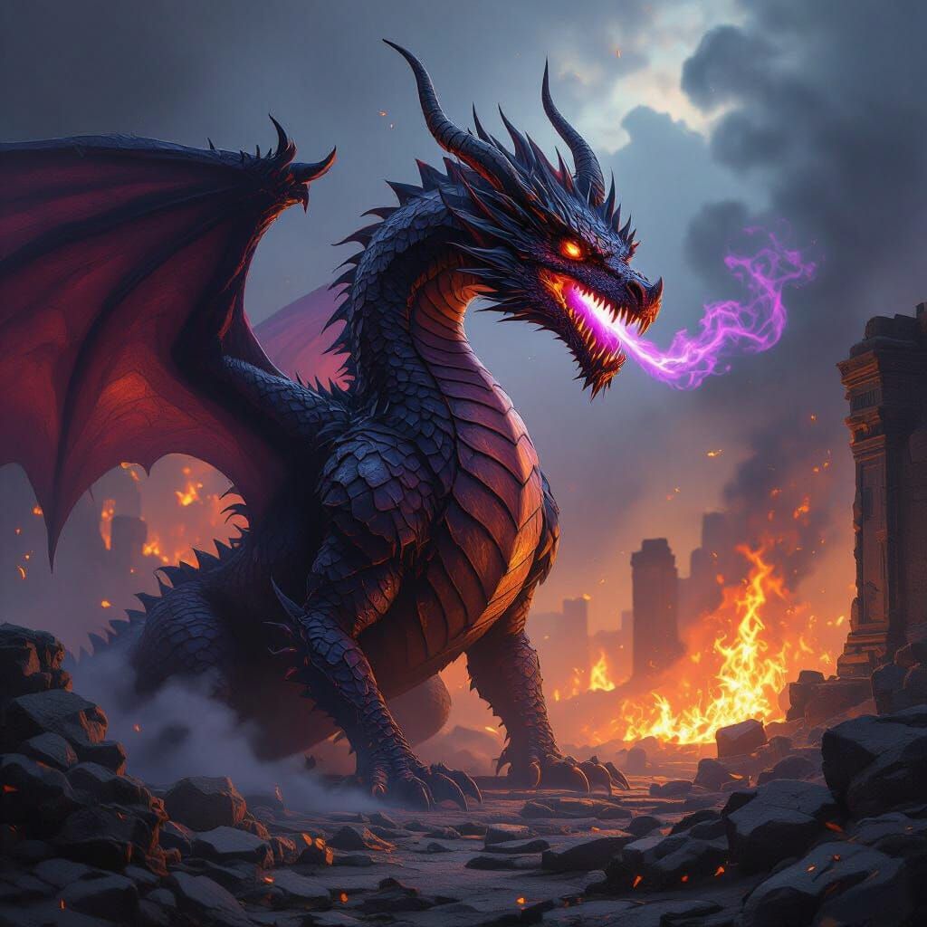 Dark Red Dragon Amidst Fiery Ruins