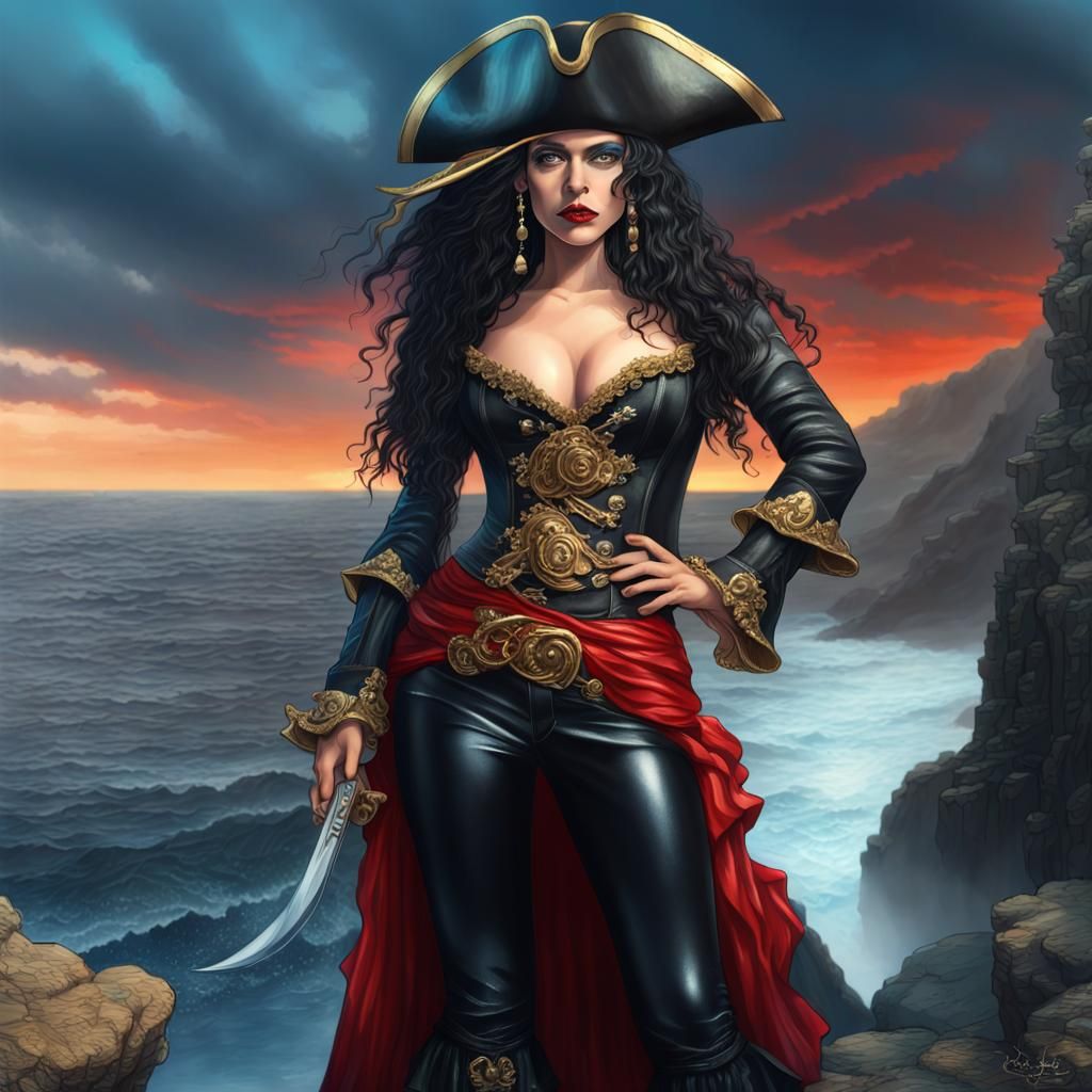 Pirate Woman in Leather Gown at Dusk