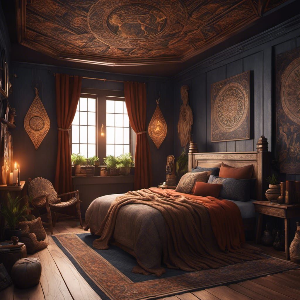 Cozy Boho Viking Bedroom: Detailed Digital Painting