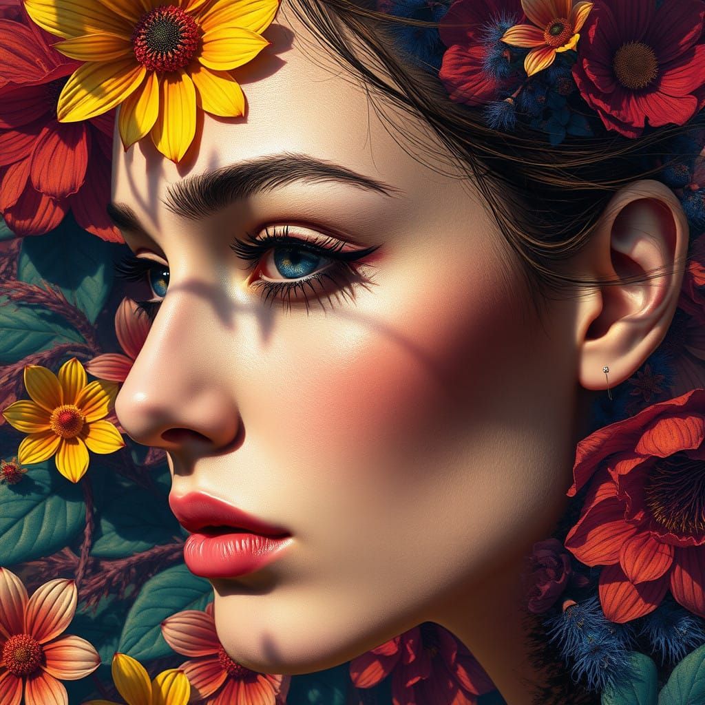 Hyper-Realistic Portrait of a Woman Amidst a Fantastical Flo...
