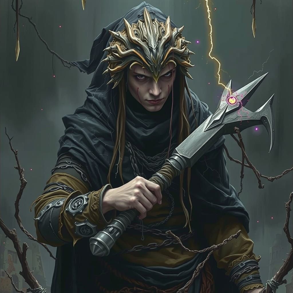 Dark Figure Wielding Staff on Ruined Landscape