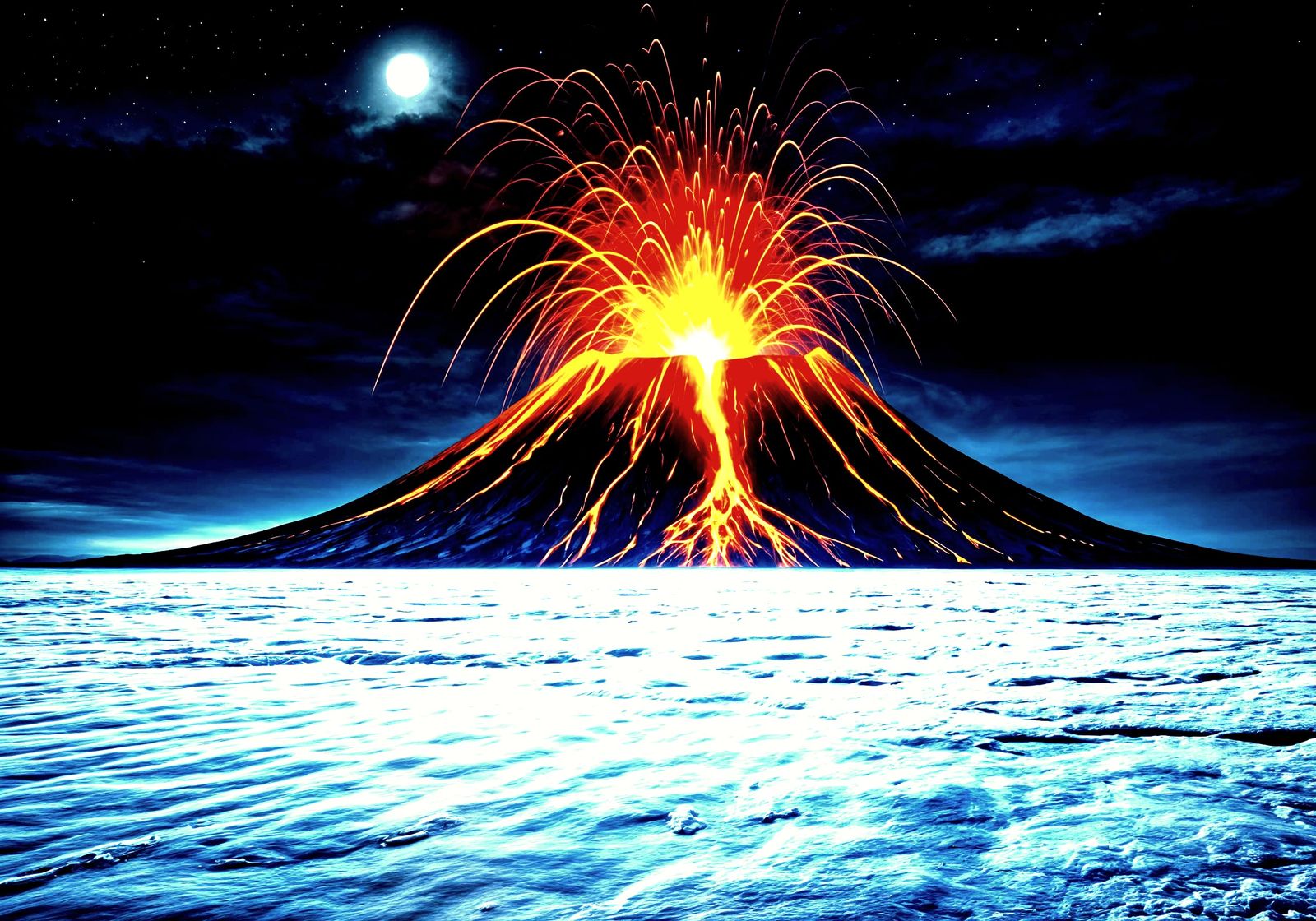 Volcano Eruption on Icy Ground Under Dark Sky