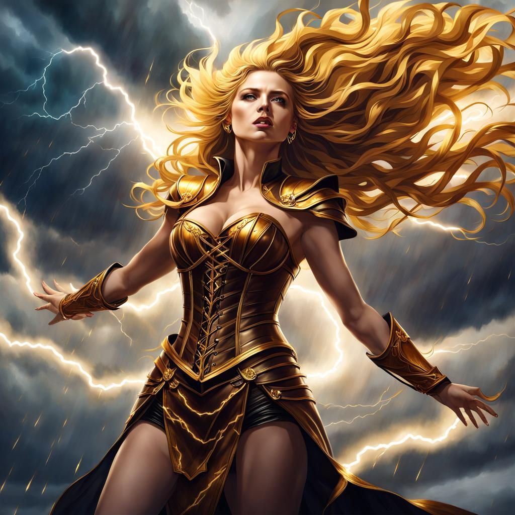 Lightning Goddess of Golden Armor in Eerie Fantasy