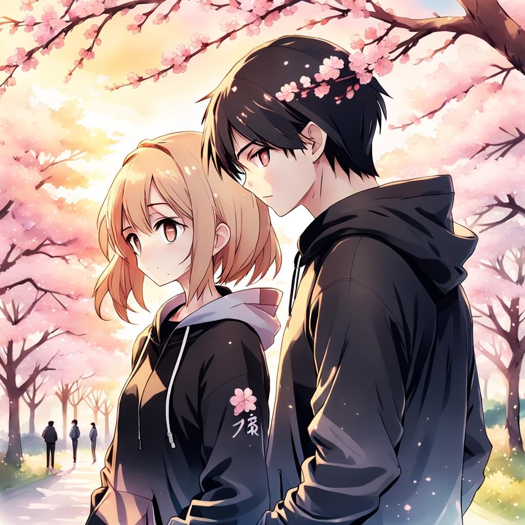 Romantic Anime Key Visual of Couple in Cherry Blossoms