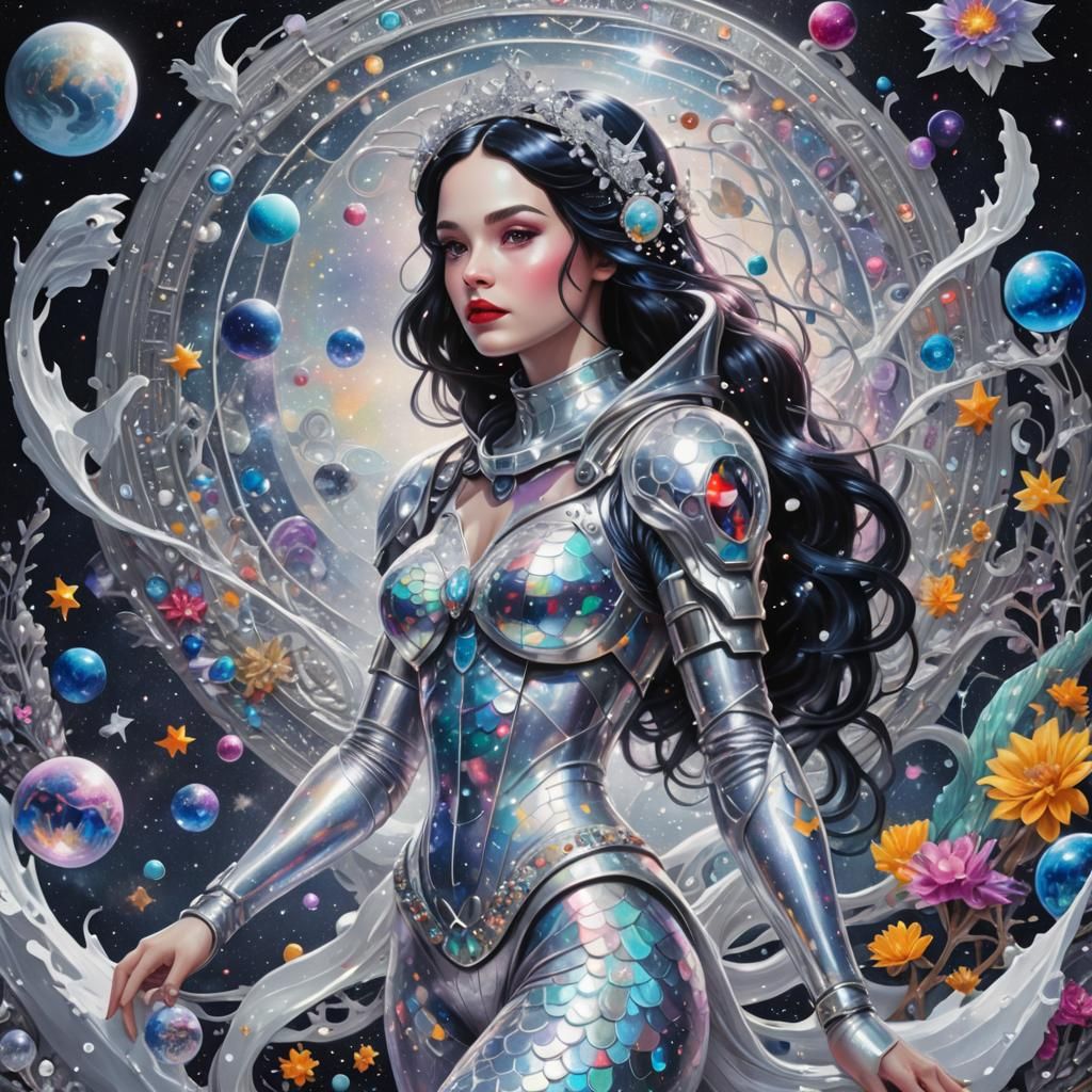 Snow White Space Mermaid in Cosmic Illustration