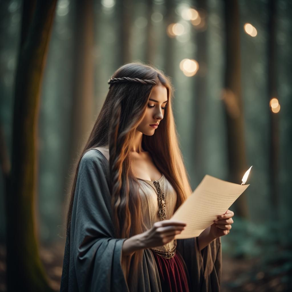 Ancient Woman Reads Letter in Spooky Forest
