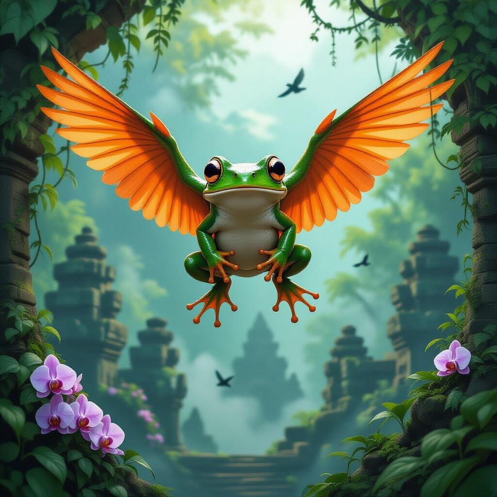 Flying Frog Soars Over Angkor Wat Jungle