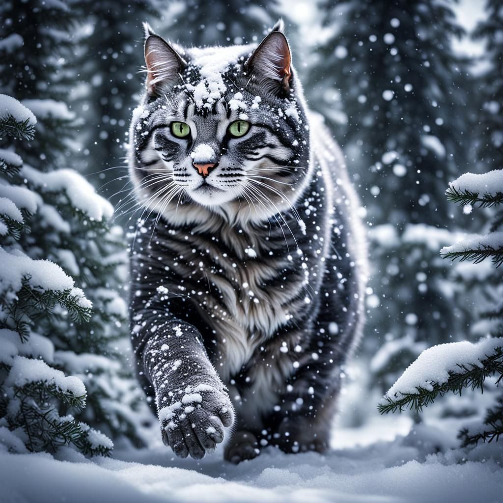 Snow Leopard Playing in a Winter Forest