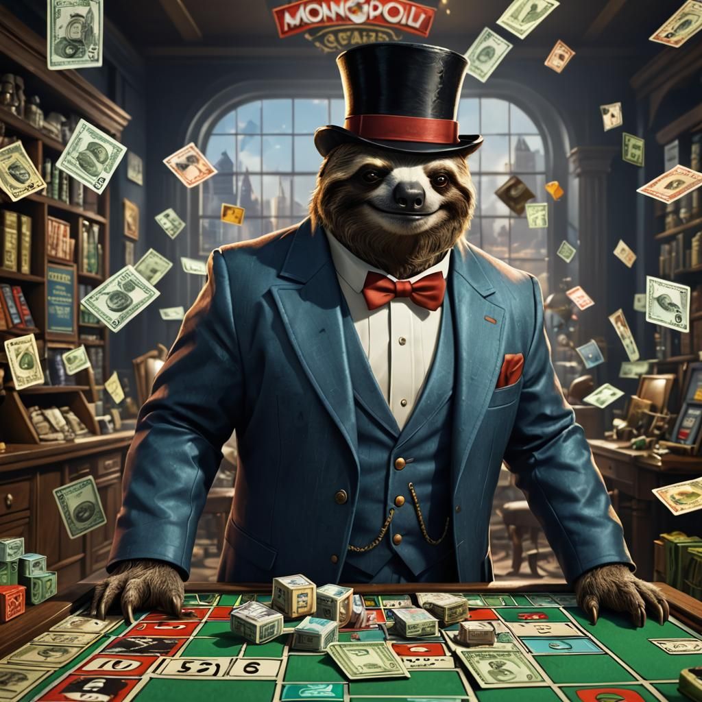 sloth dressed as Monopoly's Mr Moneybags