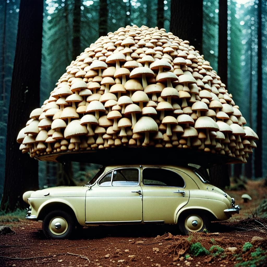 Mushroom-Covered Car in Black Forest, 1960s Film Style