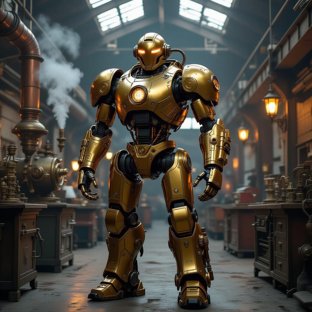 Steampunk Robot in Industrial Factory