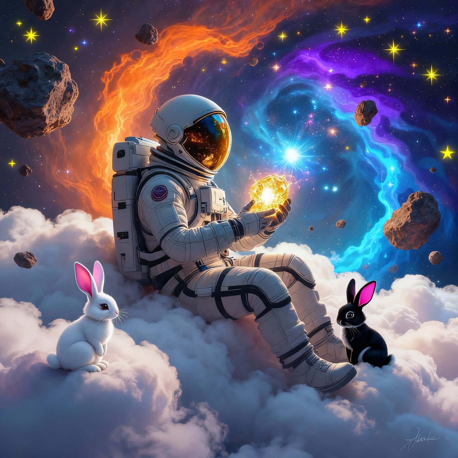 Astronaut Adrift in Nebula Meets Adorable Rabbits