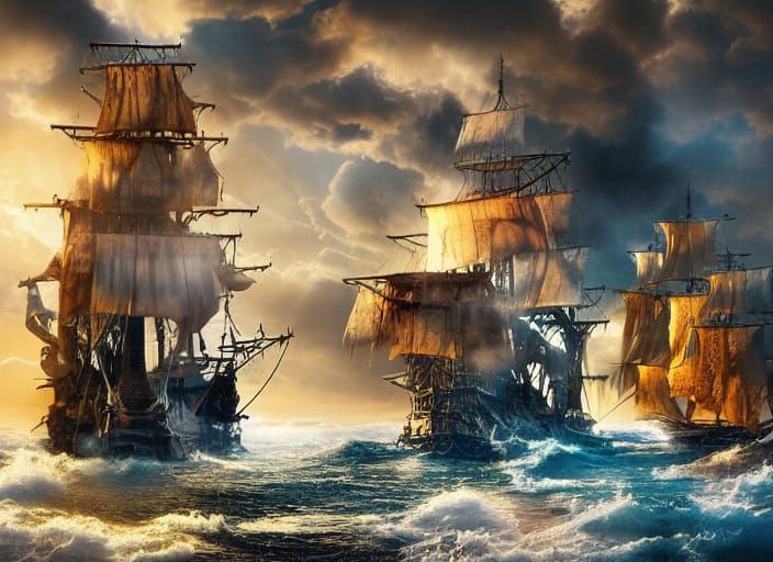 Magnificent Pirate Ship at Sunset: Digital Matte Painting