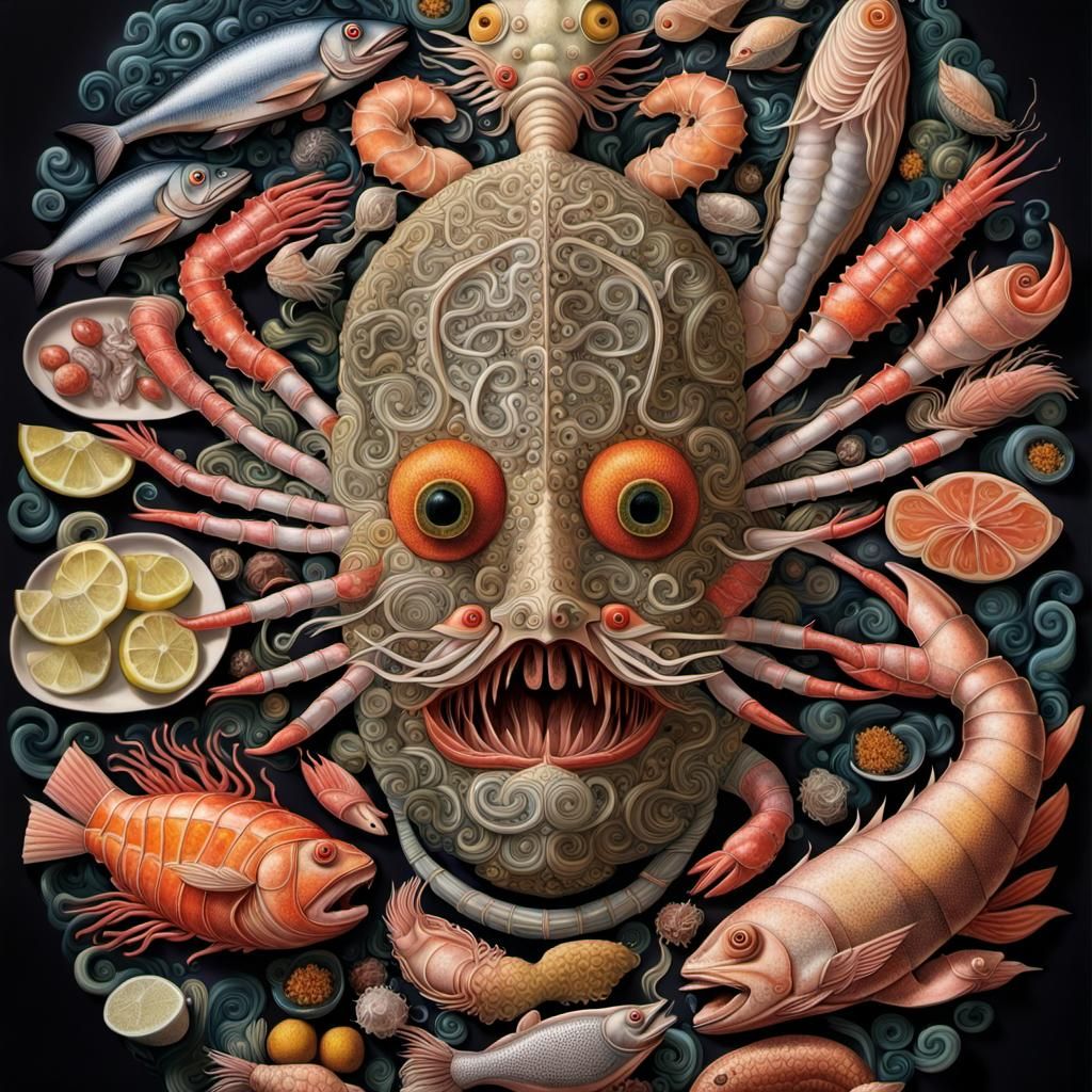 Surreal Seafood Artwork in Style of Tábara