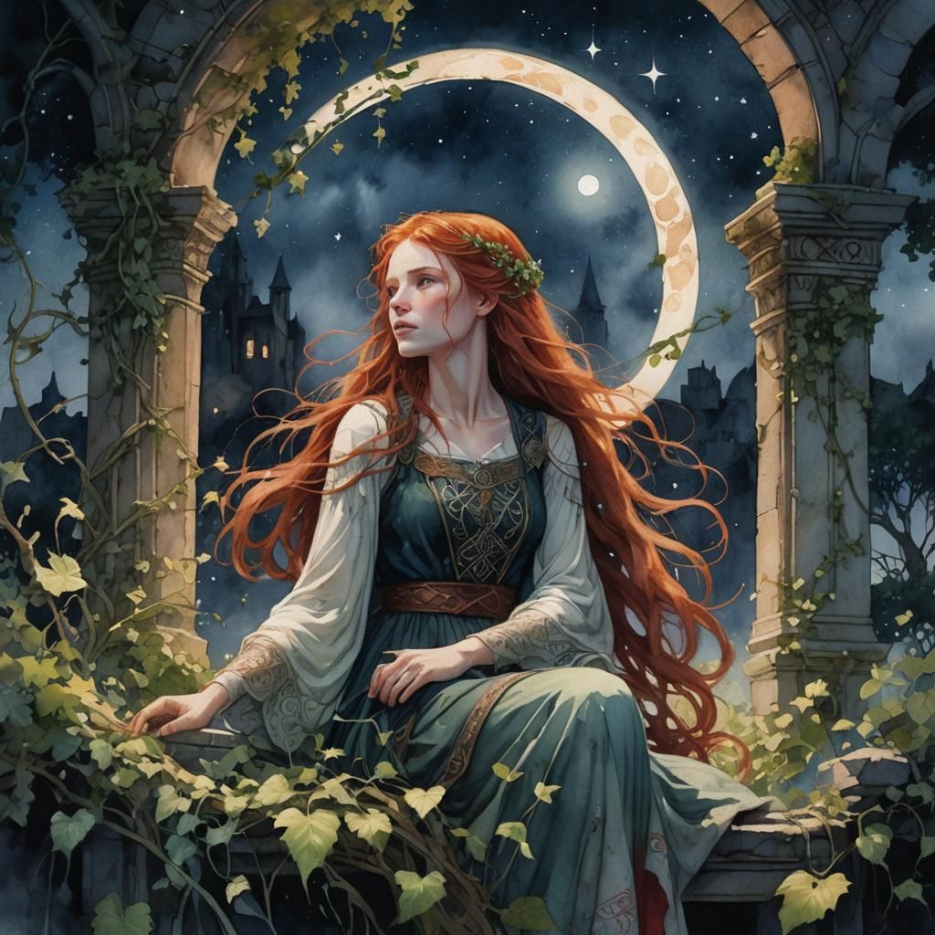 Celtic Moonlit Woman in Ethereal Watercolor Dreamscape