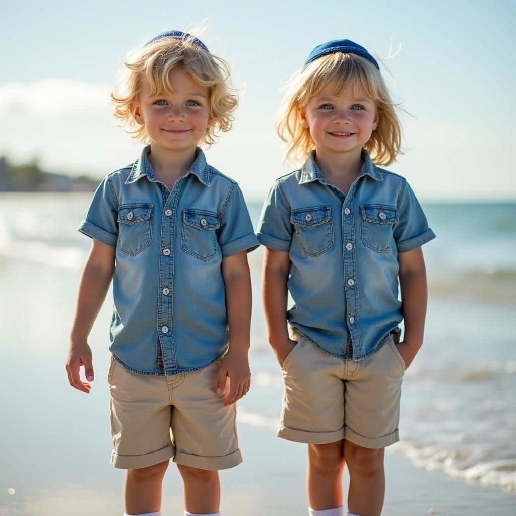 Brothers on Beach in Hyperrealistic Style