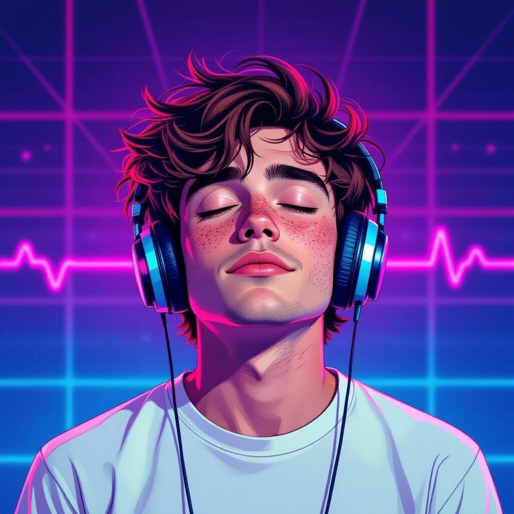 Synthwave Portrait of a Young Man Listening to Music