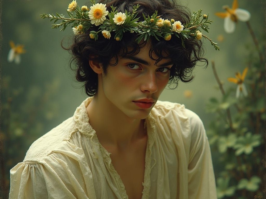 Ethereal Male Fairy in a Laurel Wreath, in a Cyberpunk Aesth...