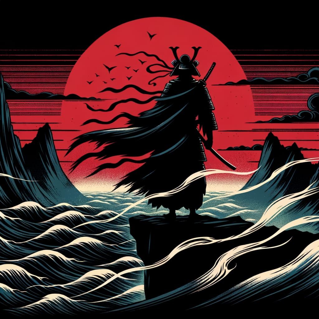 Samurai Silhouette on Crimson Moon Cliff