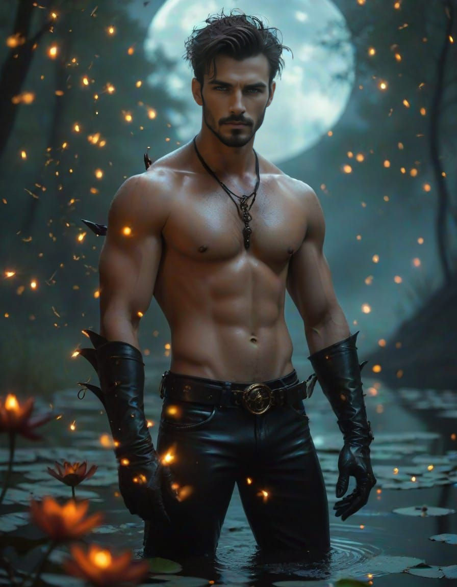 Steampunk Lucifer with Fireflies at Dusk