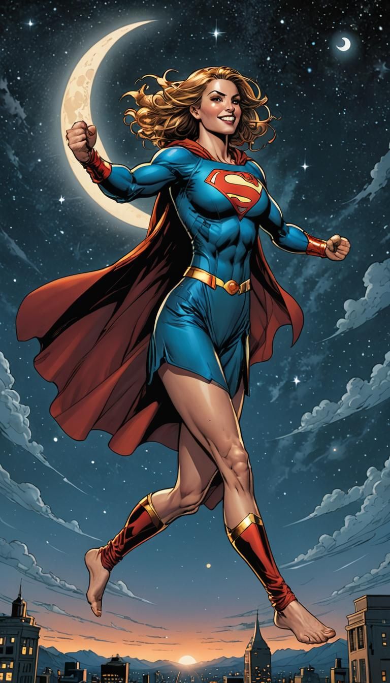 Barefoot Super Girl Flies in Night Sky, Comic Book Art