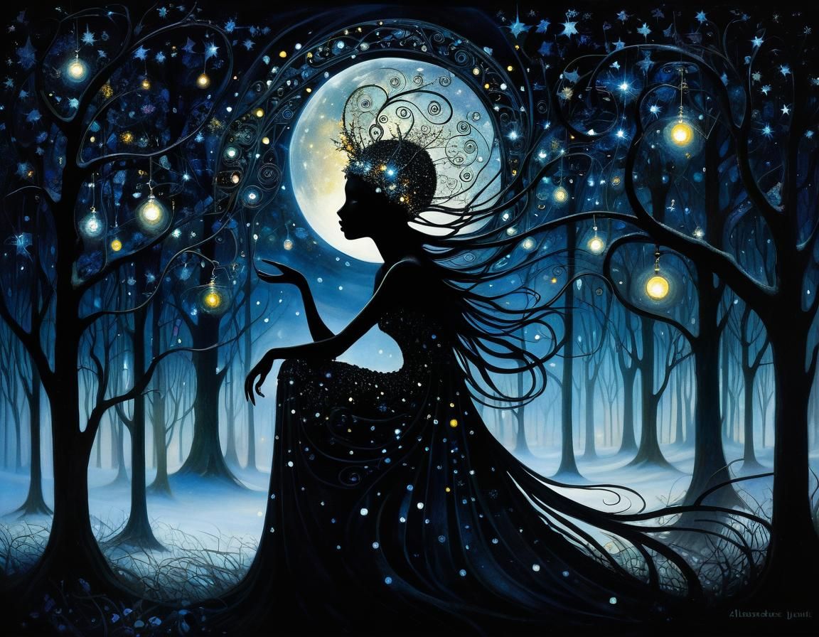 Surreal Silhouette in Starlight, Klimt-Inspired Masterpiece