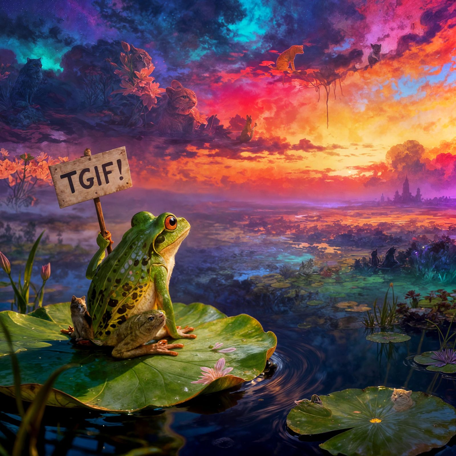 Frog on Lily Pad with "TGIF!" Sign in Dreamlike Landscape