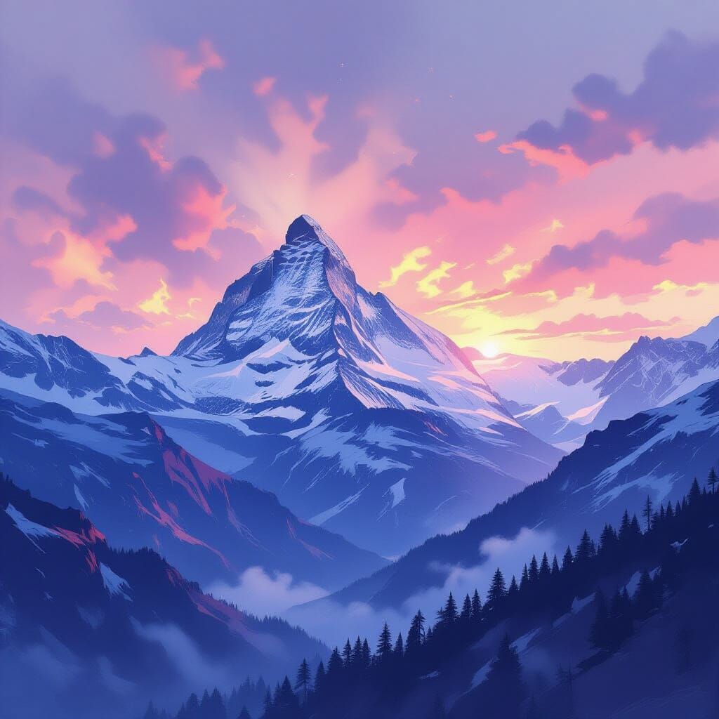 Apocalyptic Swiss Alps at Frosty Sunset, Digital Watercolor