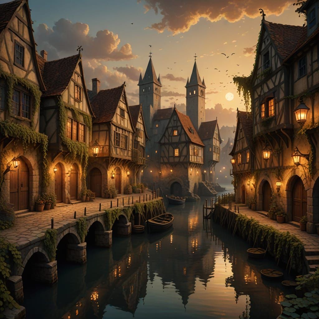 Medieval Harbor Town Under Warm Golden Hour Lighting