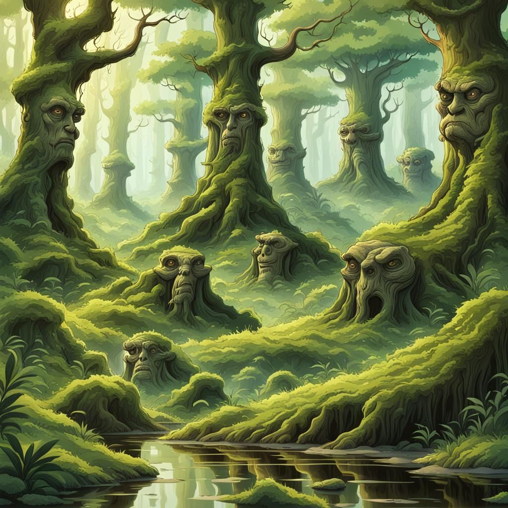 Mystical Old Growth Forest with Tree Faces