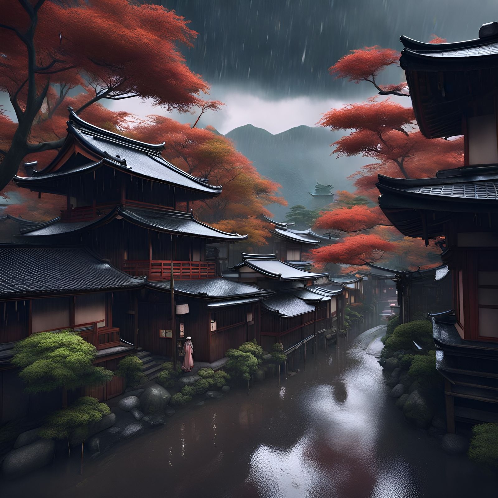 Rainy Day in Kyoto: Detailed Matte Painting