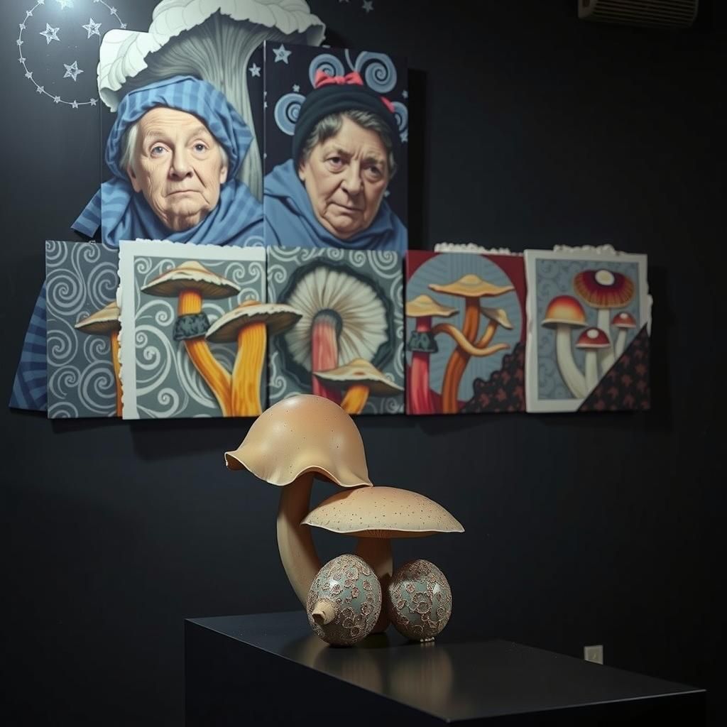 Romanian Artisans Tending Giant Mushrooms: Linocut Porcelain...