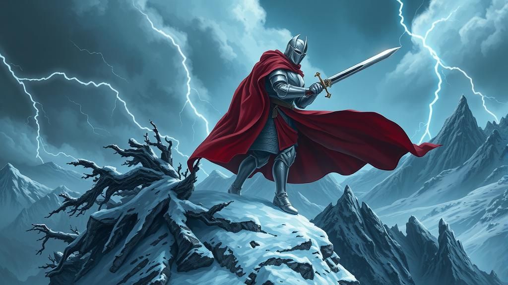 Heroic Knight on Windswept Peak in Digital Painting Style
