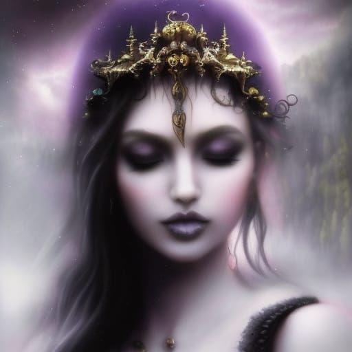 Ethereal Gothic goddess Hecate wearing a Beautiful black spiked Gothic regal Crown with amethyst crystals on it& Long bl...