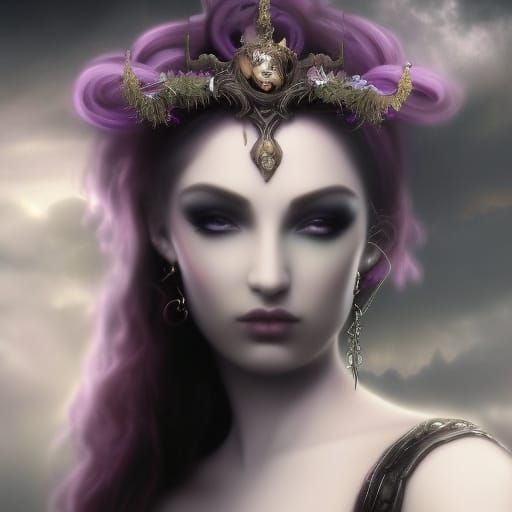 Ethereal Gothic goddess Hecate wearing a Beautiful black spiked Gothic regal Crown with amethyst crystals on it& Long bl...