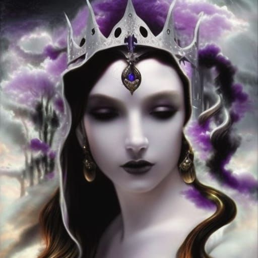 Ethereal Gothic goddess Hecate wearing a Beautiful black spiked Gothic regal Crown with amethyst crystals on it& Long bl...