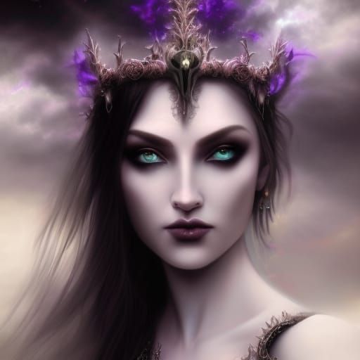 Ethereal Gothic goddess Hecate wearing a Beautiful black spiked Gothic regal Crown with amethyst crystals on it& Long bl...