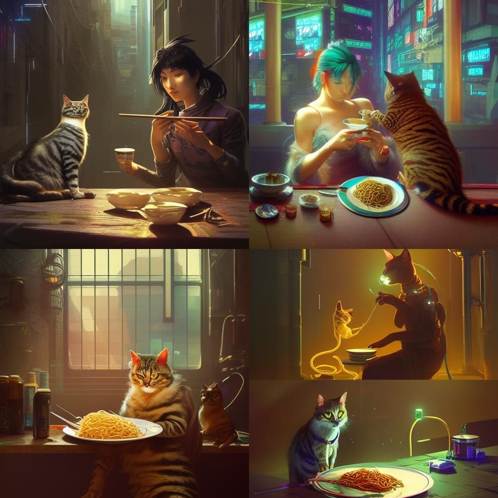 Cyberpunk Cat and Dog Enjoying Noodles