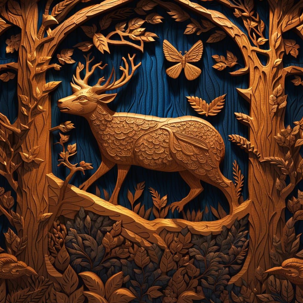Detailed Wood Relief Forest Scene with Animals