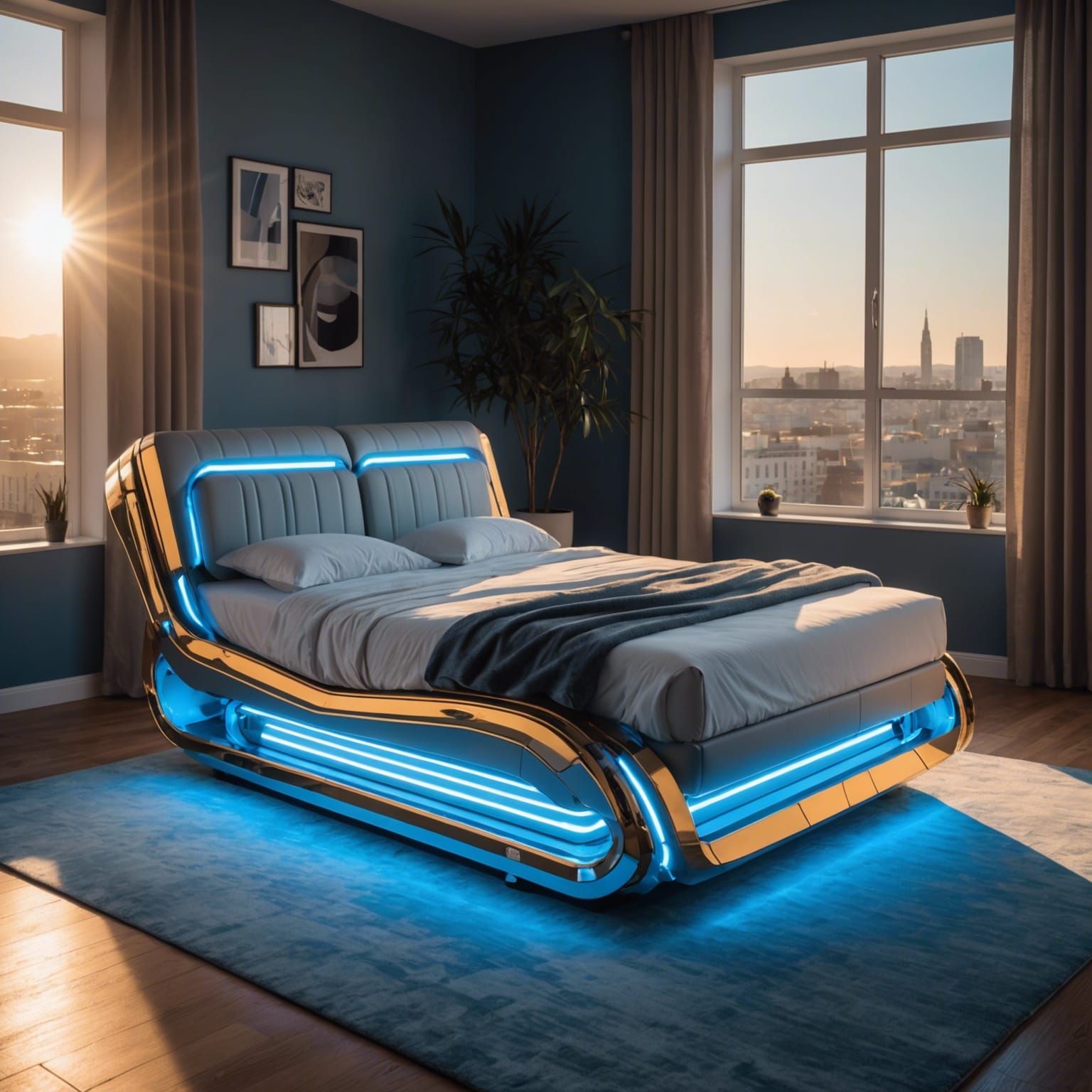 Futuristic Adjustable Bed with Blue LED Lighting