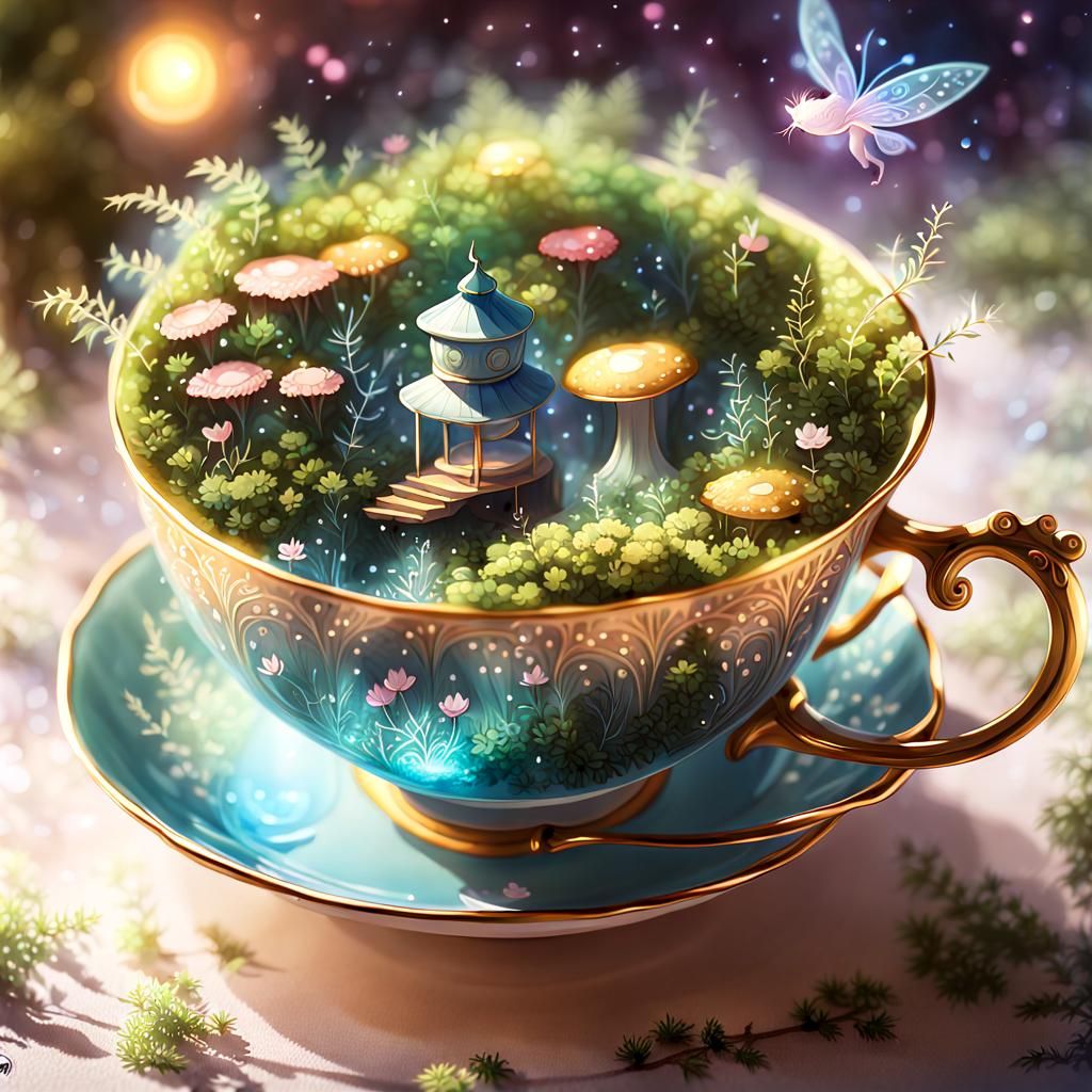 Fairytale Anime World in Teacup: Whimsical Concept Art