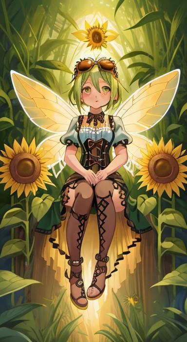 Steampunk Sunflower Fairy with Stained Glass Wings