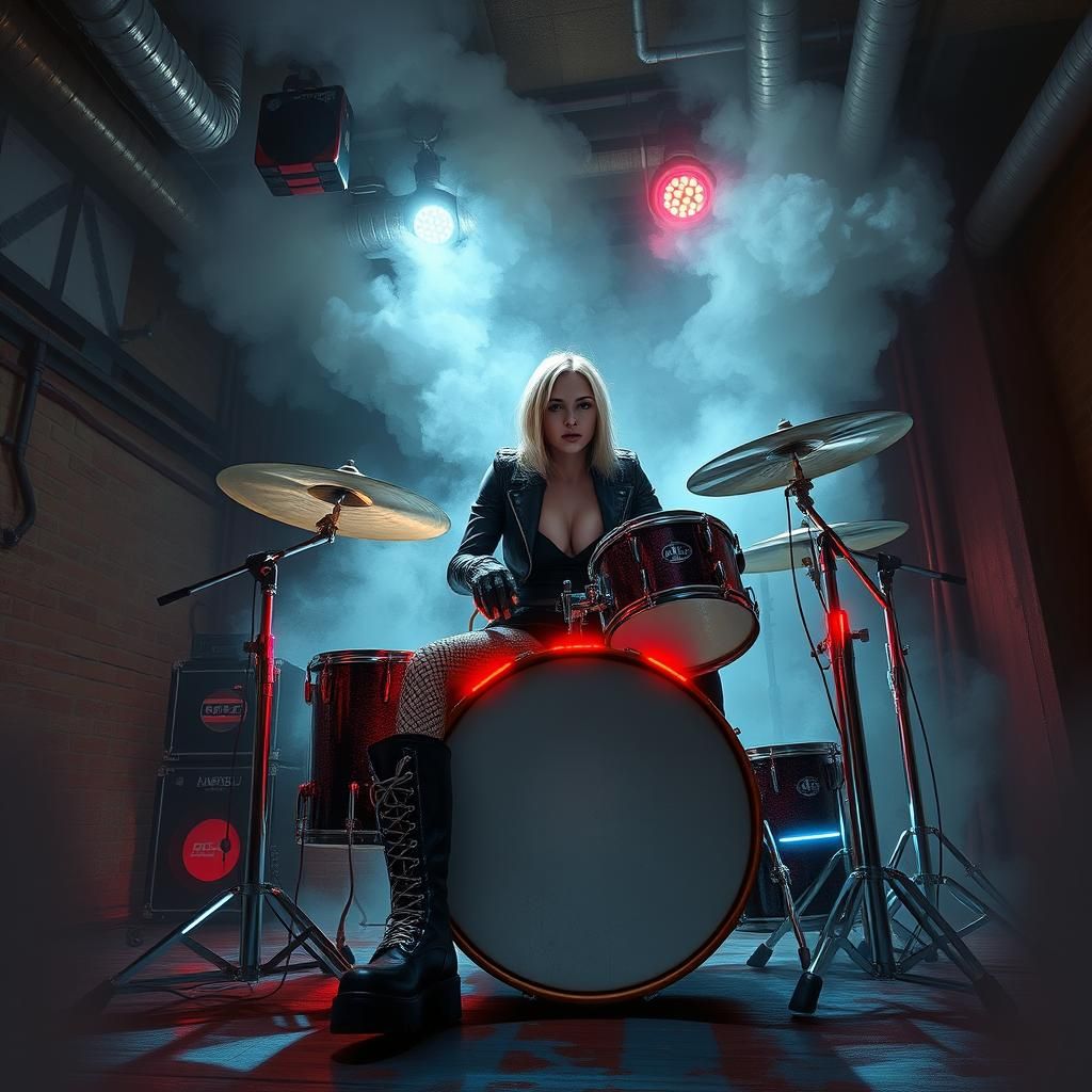 Cybergoth Rock Drummer in Industrial Setting