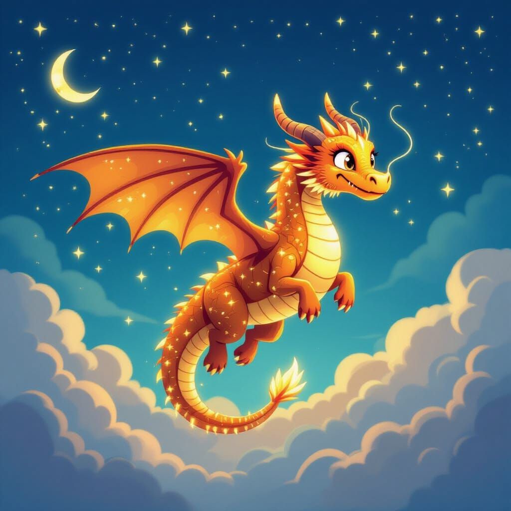 Luminous Dragon Soaring Through Starry Sky in Storybook Styl...